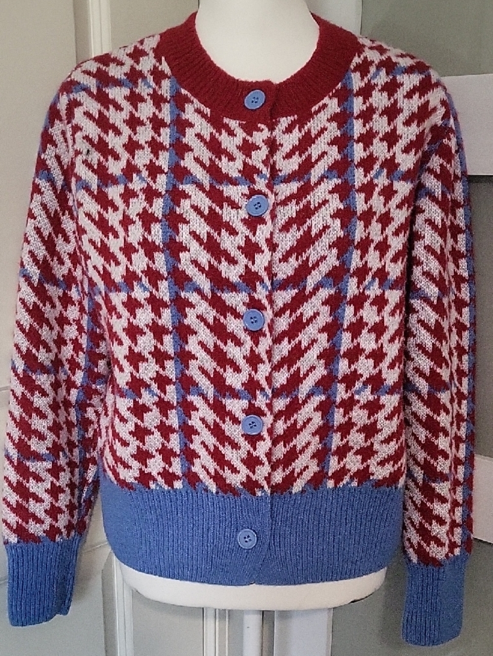 Women’s Was & Now Houndstooth Cardigan Sweater – Size Large | Red, White & Blue - Picture 7 of 10
